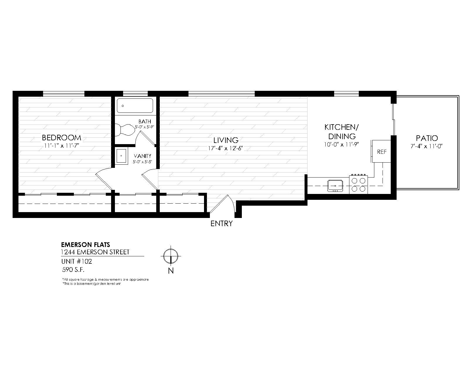 Floor plan for 1 bed, 1 bath, 600 sqft